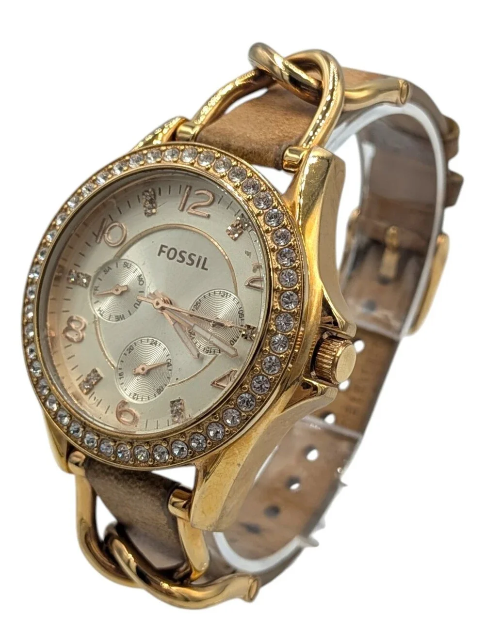 Fossil Watch Riley Women's Beige Gold Crystal Bezel Analog Dial Quartz Wristwatc
